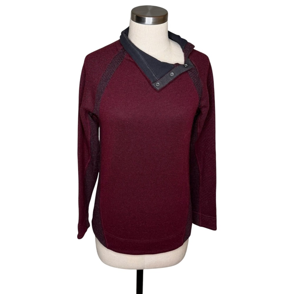 PRANA Brandie Sweater Burgundy Wool Blend Asymmetrical Snap Neck Women's Size S